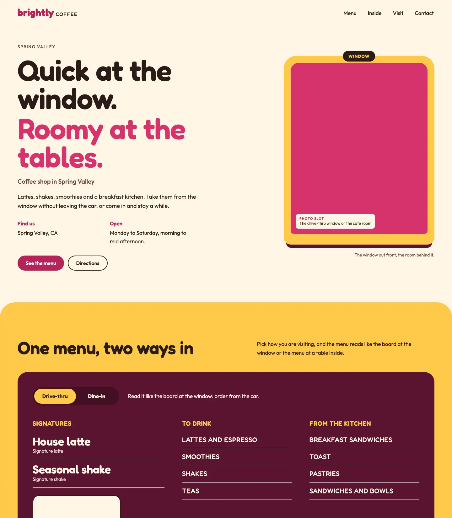 Full homepage of the drive-thru coffee shop concept at desktop width