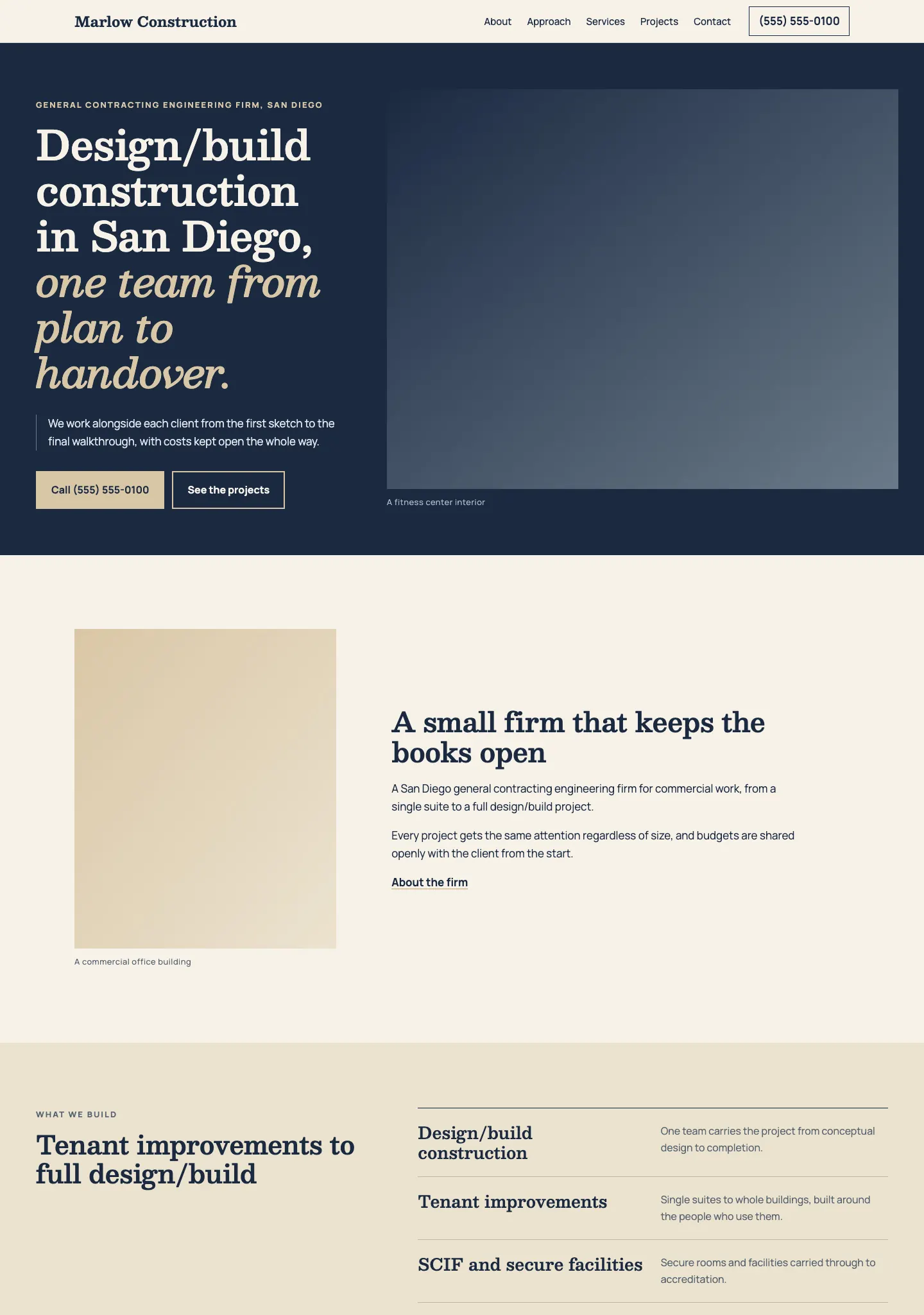 Full homepage of the commercial contractor concept at desktop width