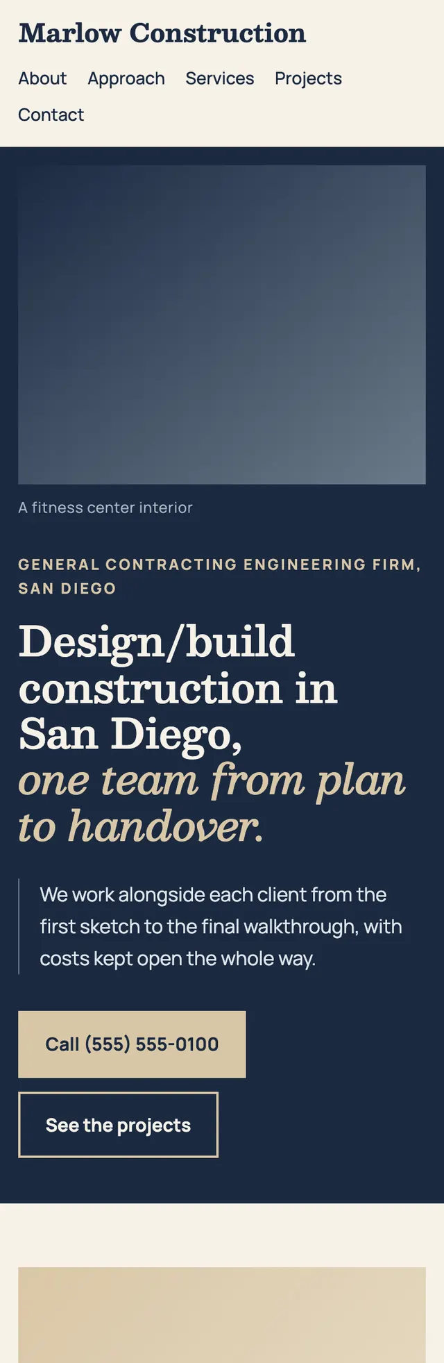 Full homepage of the commercial contractor concept on a phone