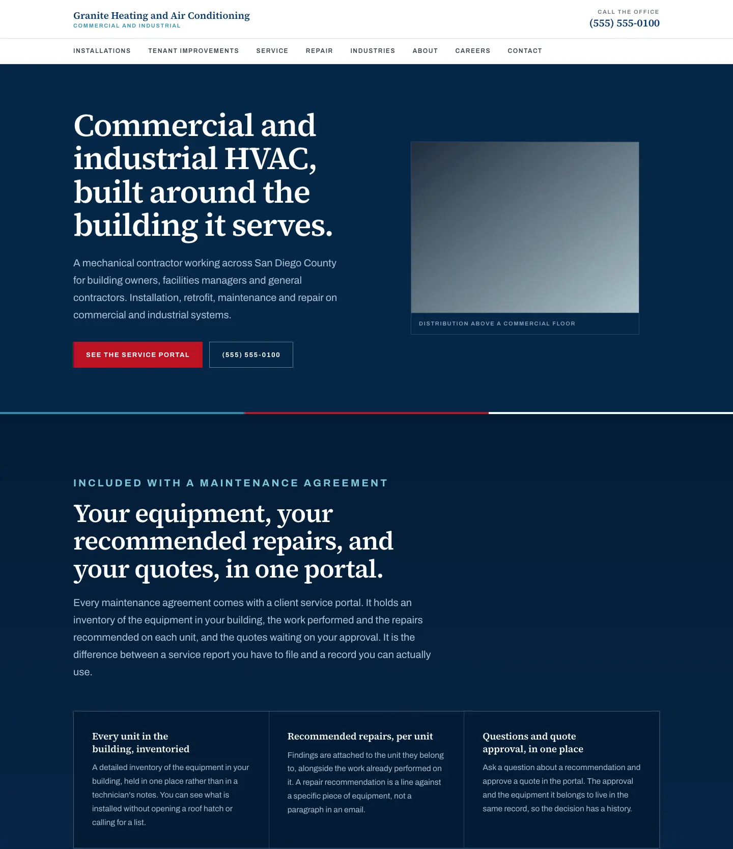 Full homepage of the commercial hvac concept at desktop width