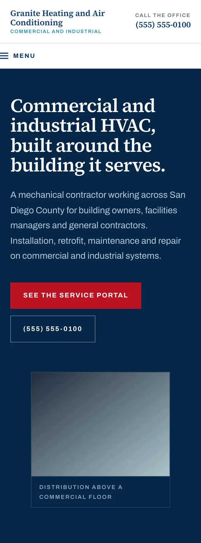 Full homepage of the commercial hvac concept on a phone