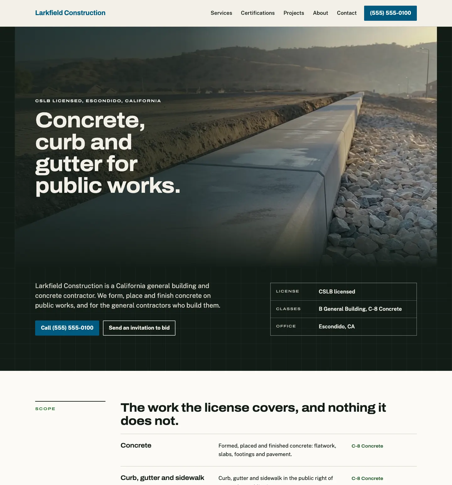 Full homepage of the concrete contractor concept at desktop width