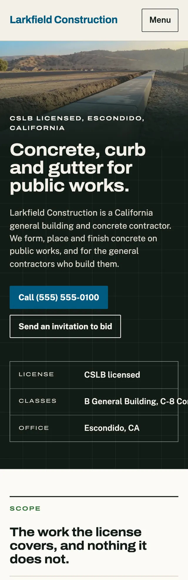 Full homepage of the concrete contractor concept on a phone