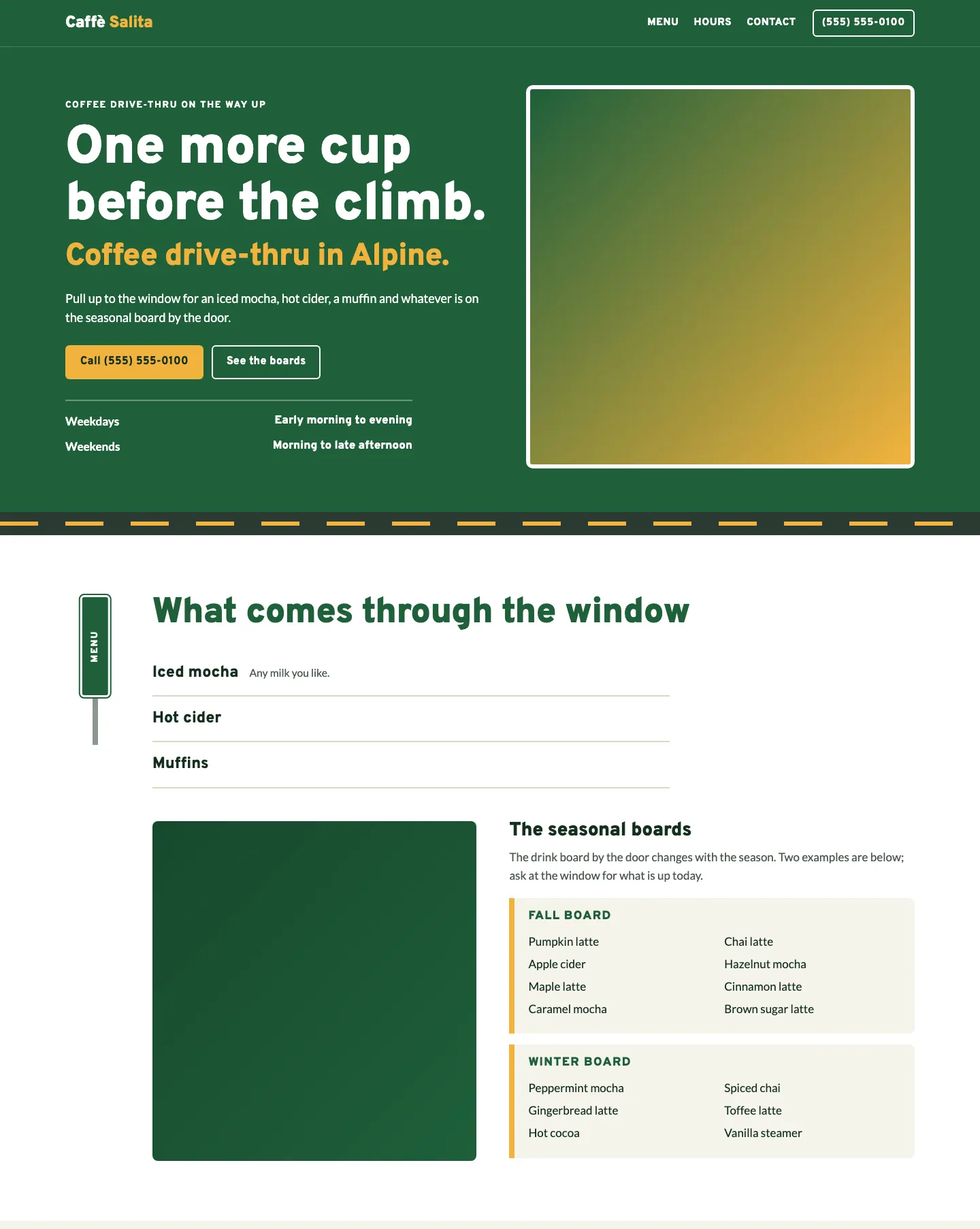 Full homepage of the drive-thru coffee concept at desktop width