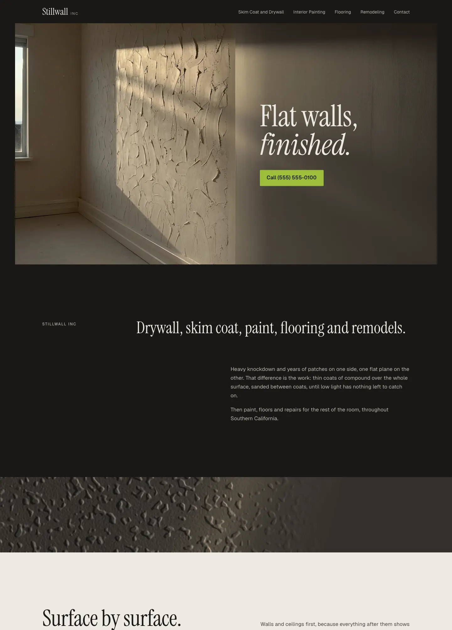 Full homepage of the drywall and painting concept at desktop width