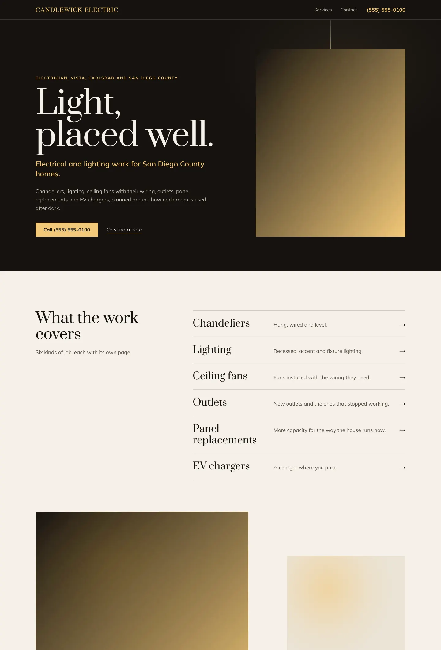 Full homepage of the electrician concept at desktop width