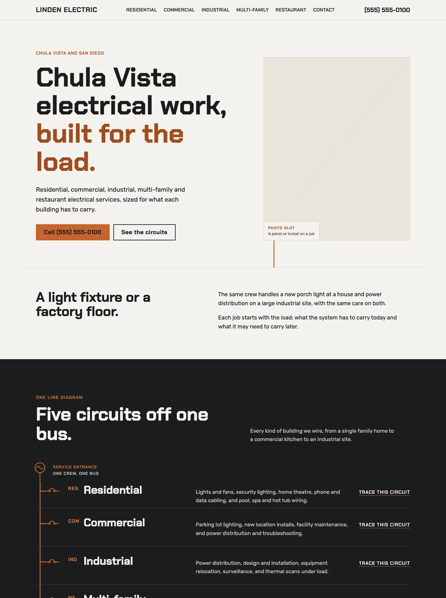 Full homepage of the electrician concept at desktop width
