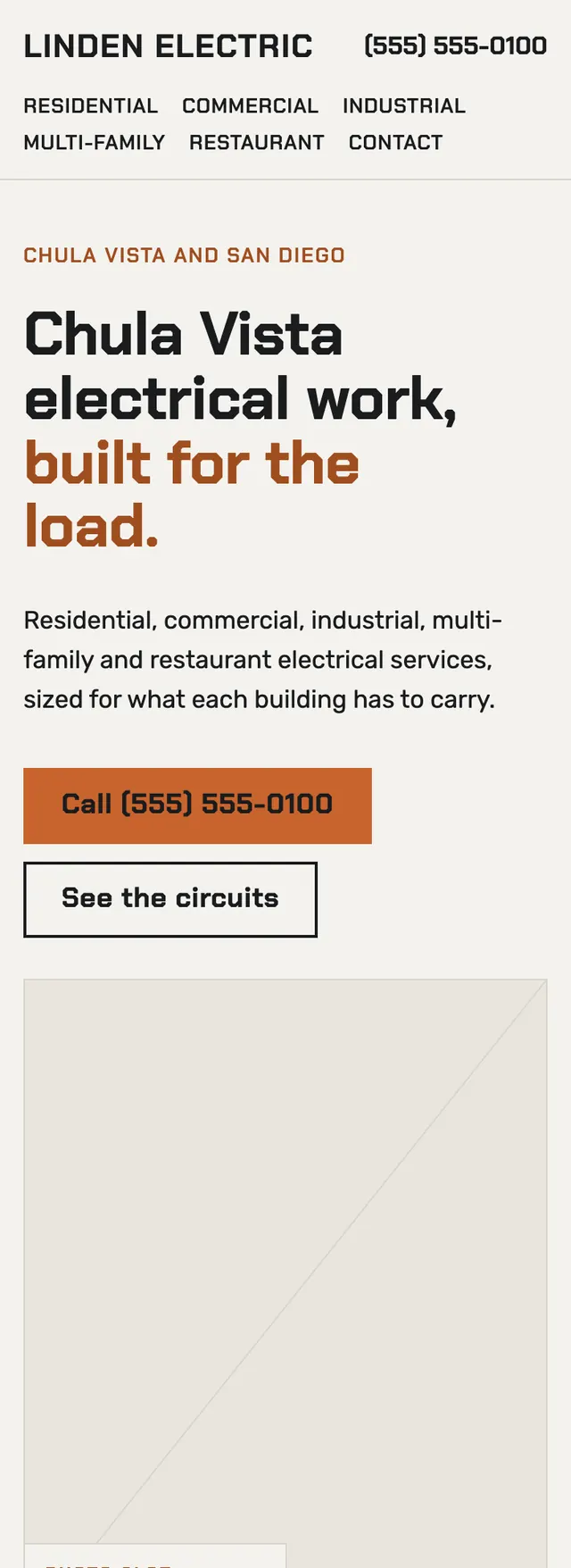Full homepage of the electrician concept on a phone
