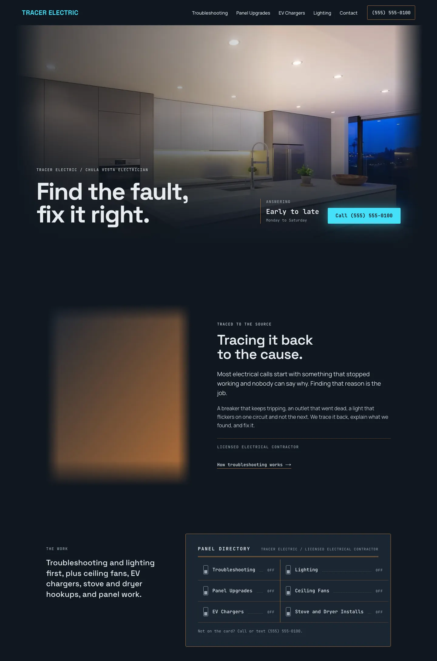 Full homepage of the electrician concept at desktop width