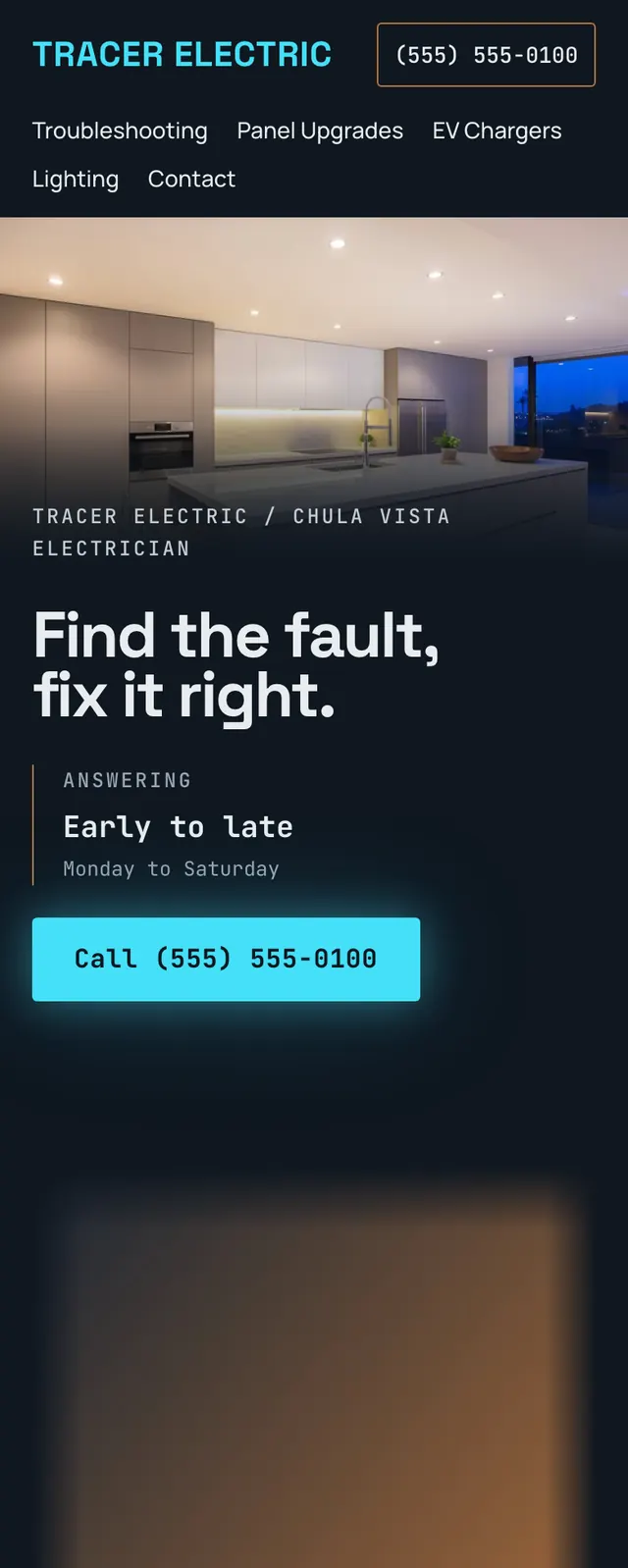 Full homepage of the electrician concept on a phone
