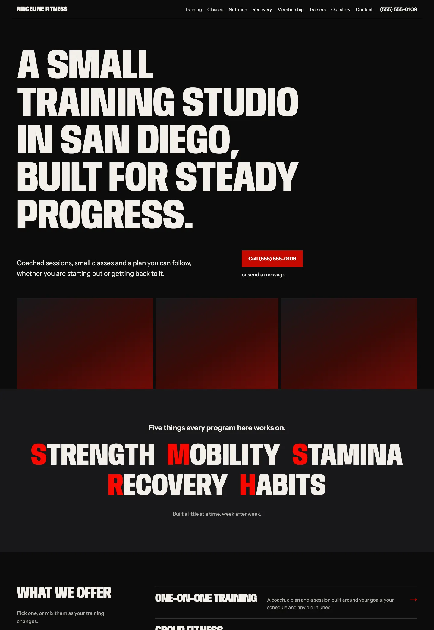 Full homepage of the fitness studio concept at desktop width