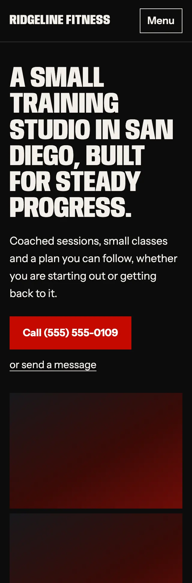 Full homepage of the fitness studio concept on a phone