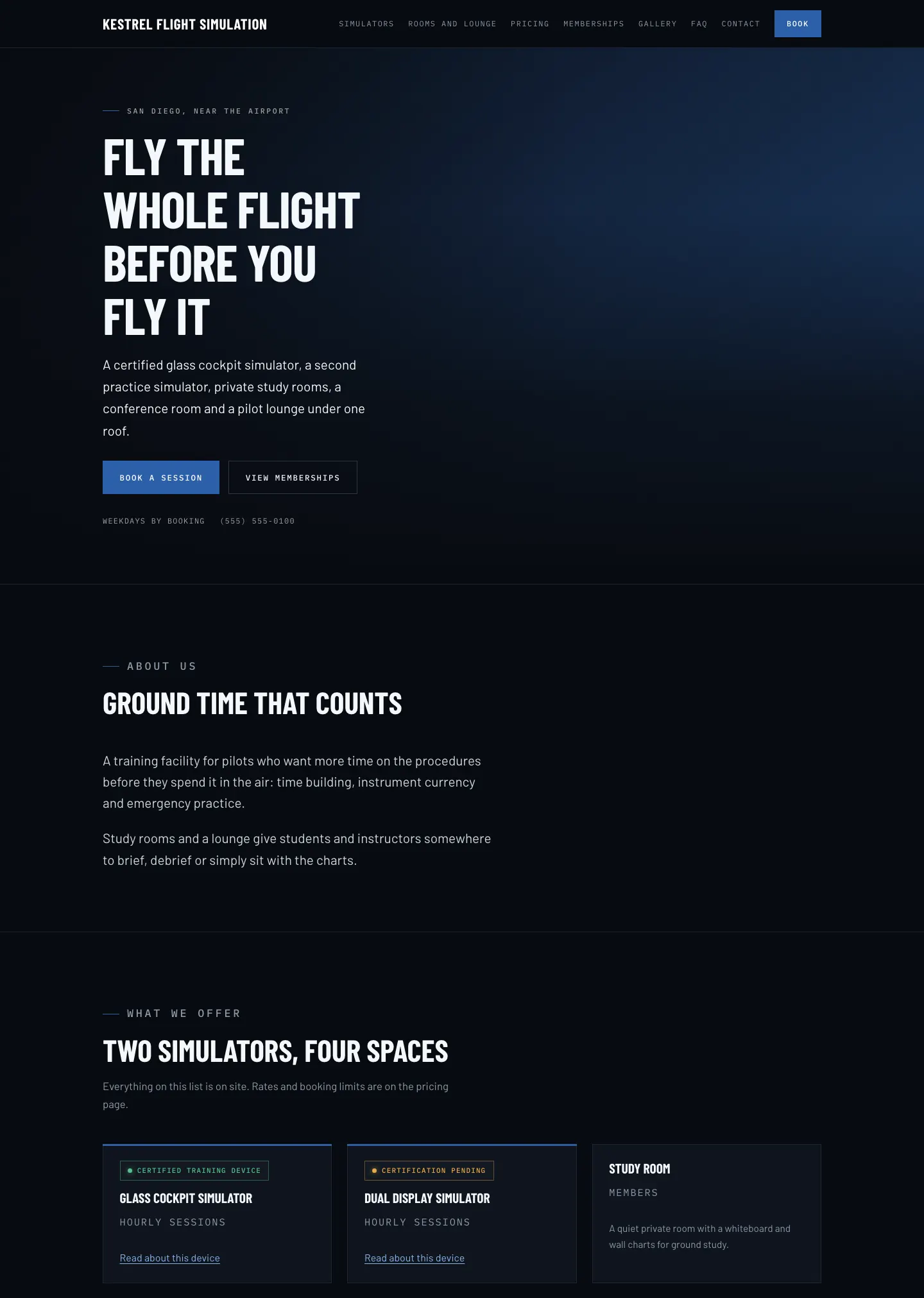 Full homepage of the flight simulator training concept at desktop width