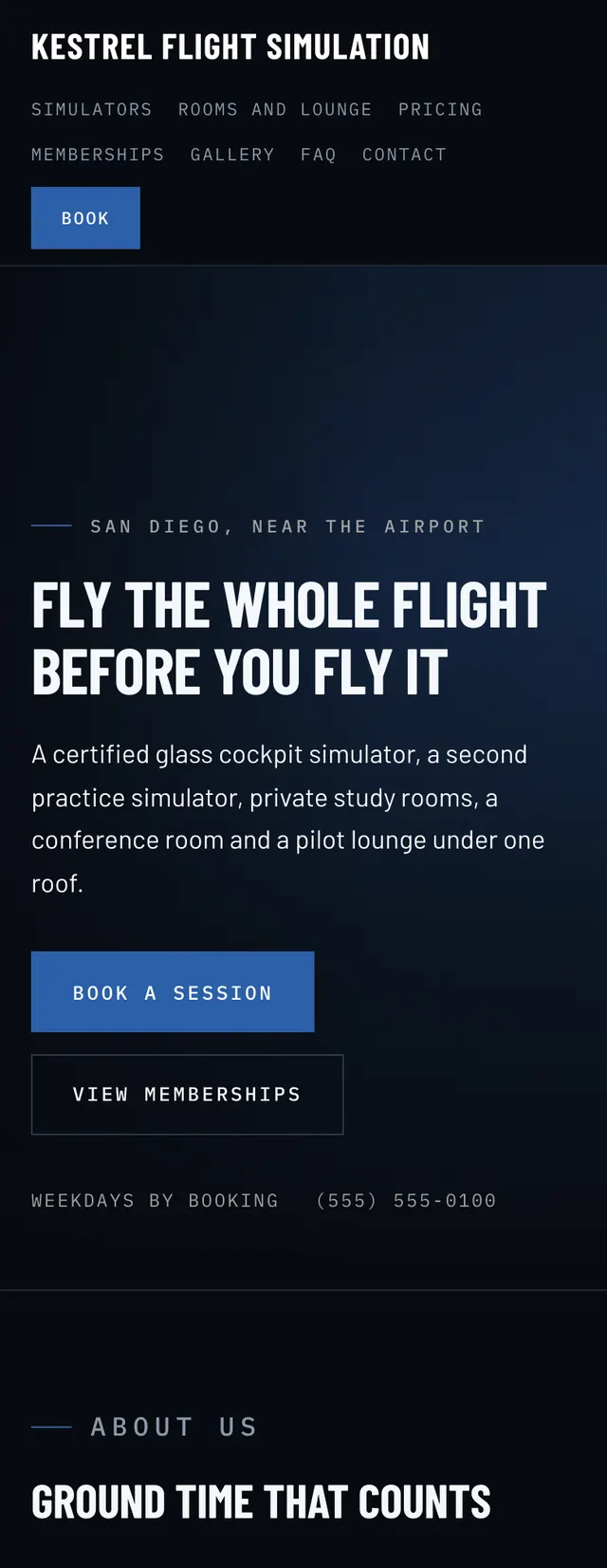 Full homepage of the flight simulator training concept on a phone