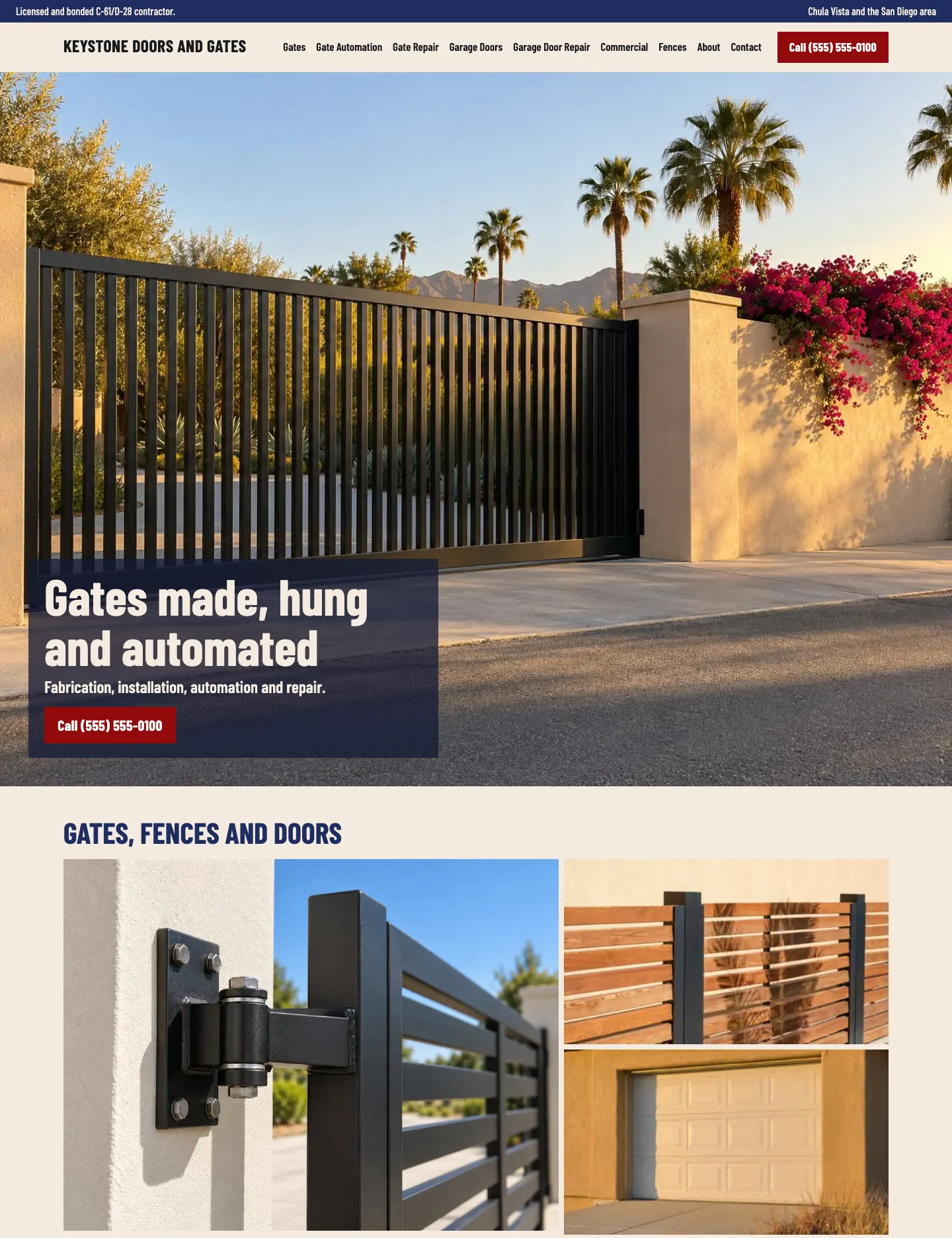 Full homepage of the gates and garage doors concept at desktop width