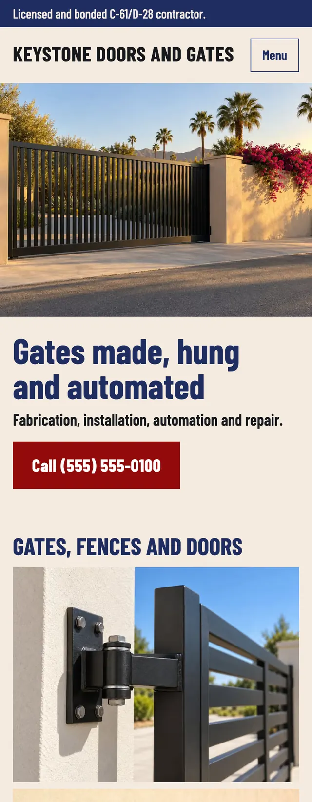 Full homepage of the gates and garage doors concept on a phone