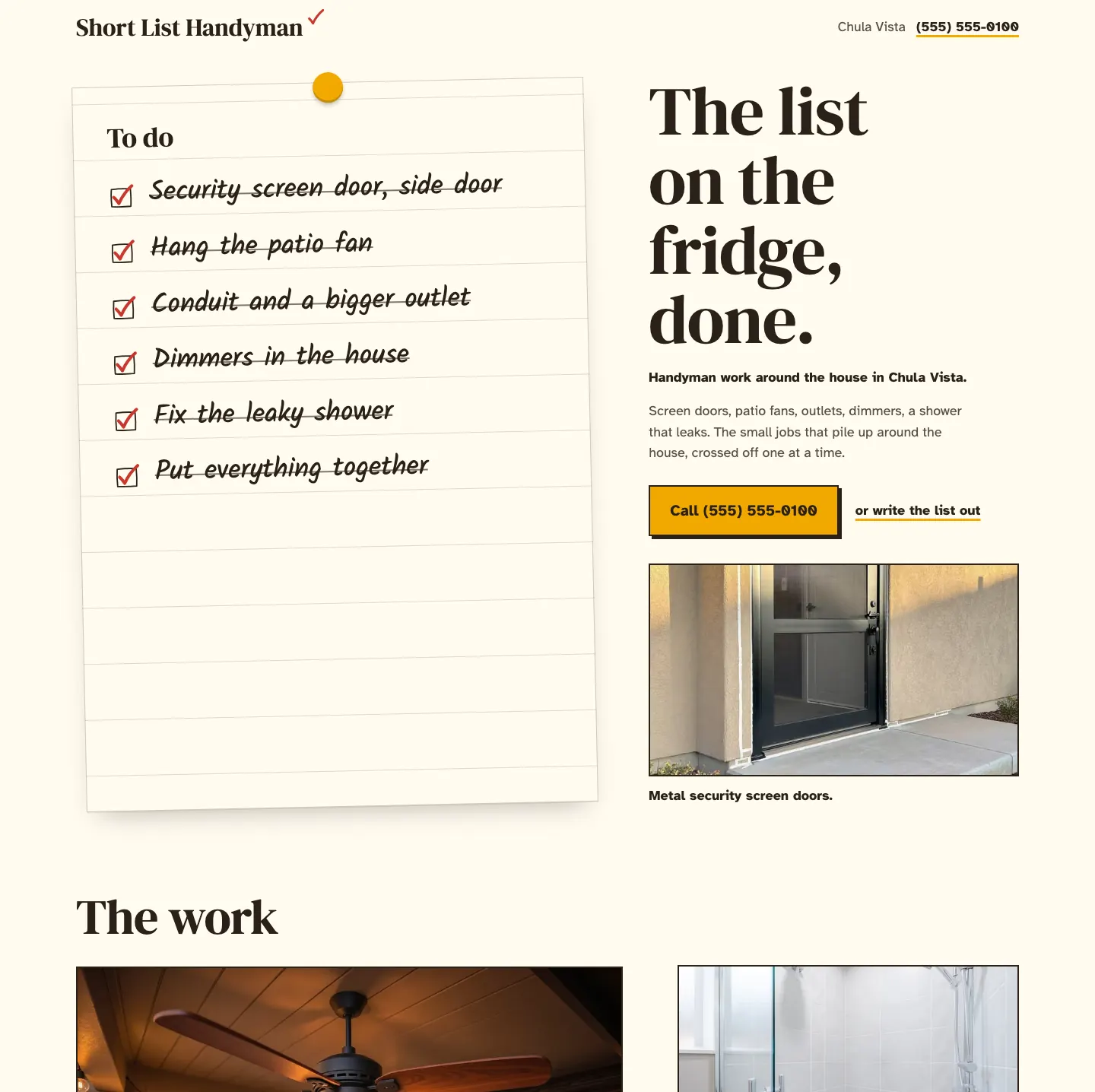 Full homepage of the handyman concept at desktop width
