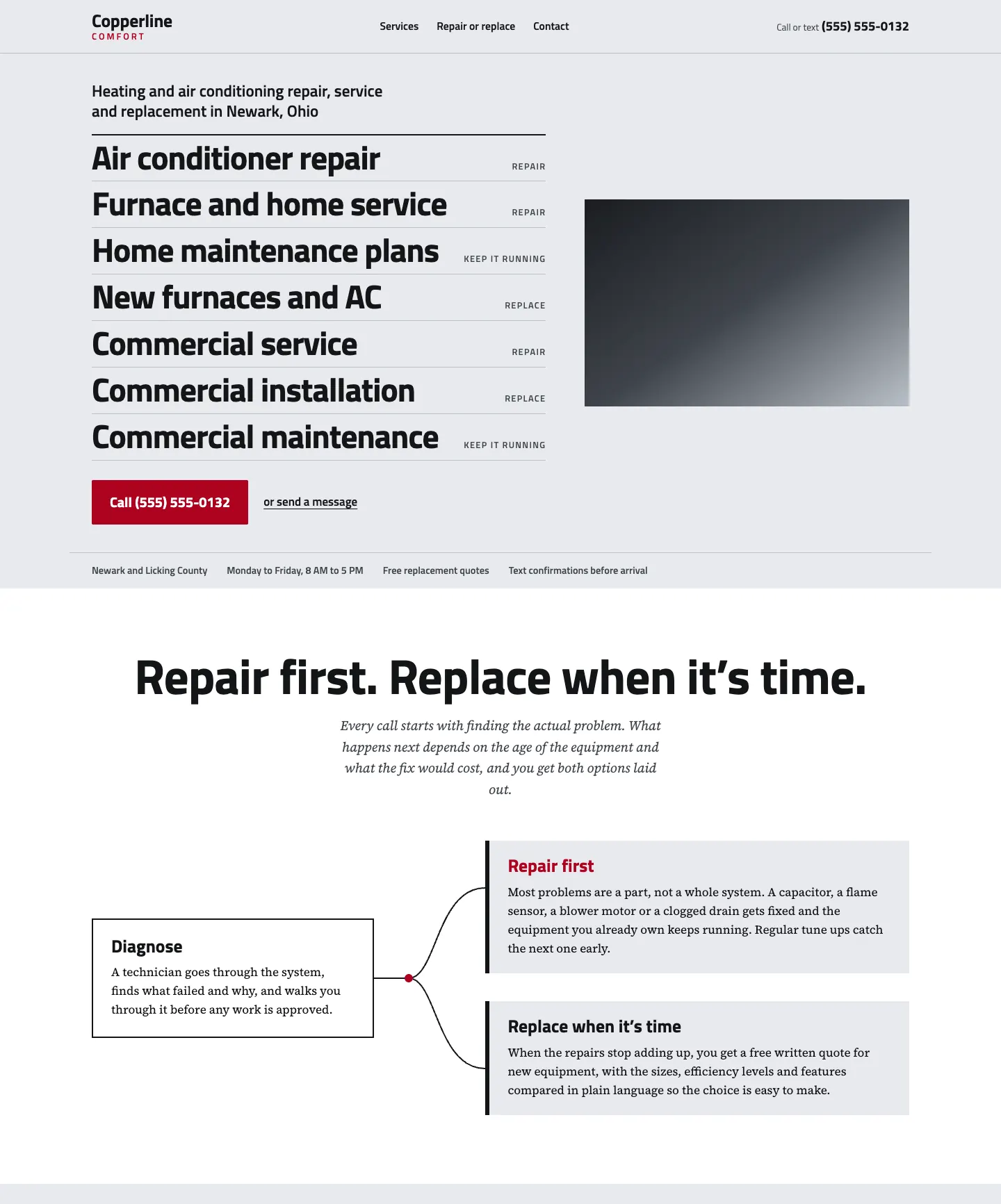 Full homepage of the heating and cooling concept at desktop width