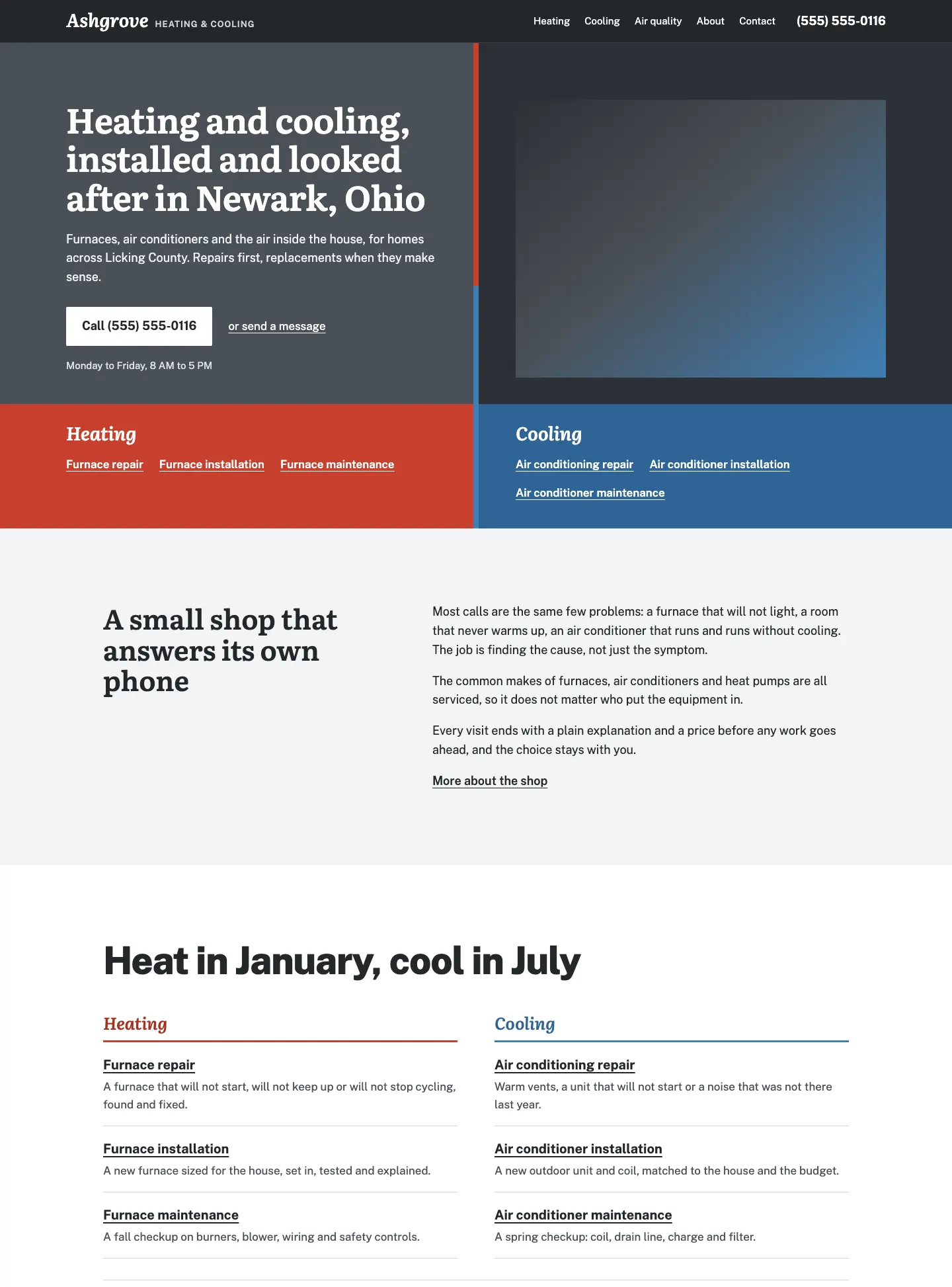 Full homepage of the heating and cooling concept at desktop width