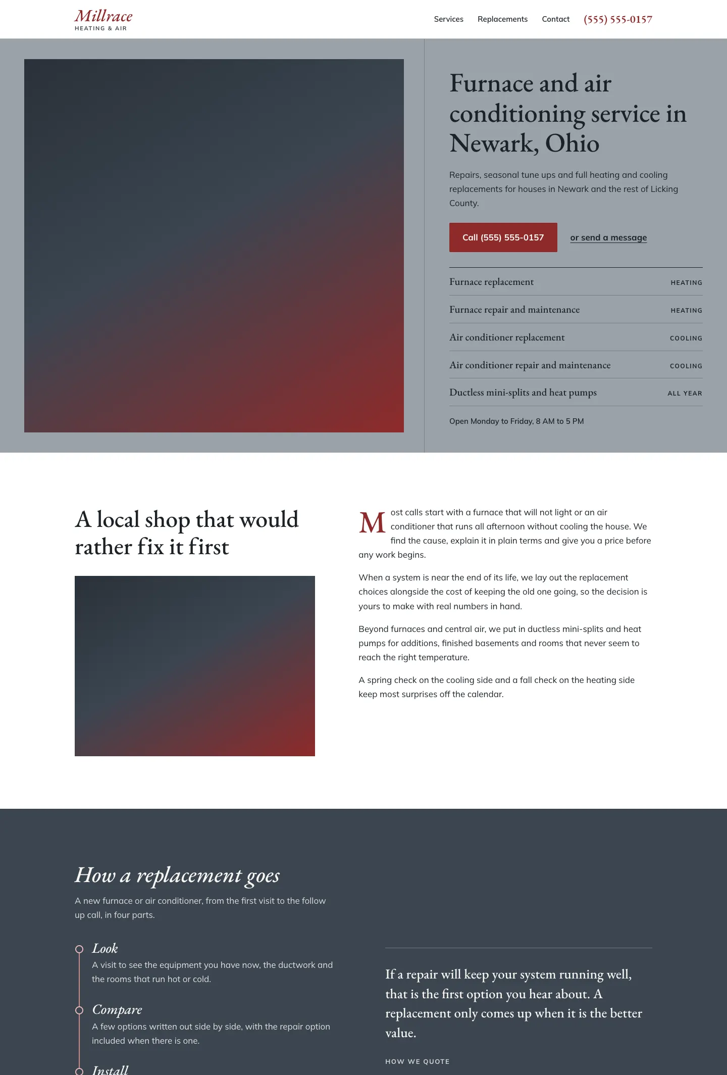 Full homepage of the hvac concept at desktop width
