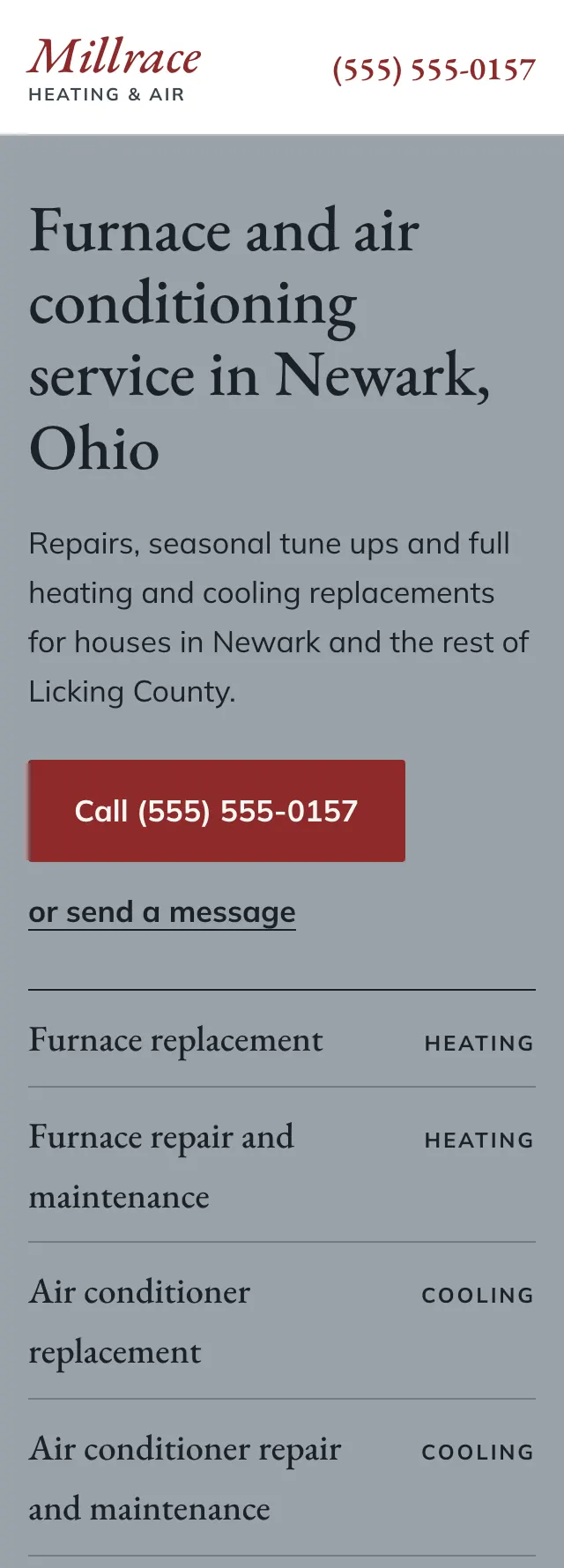 Full homepage of the hvac concept on a phone
