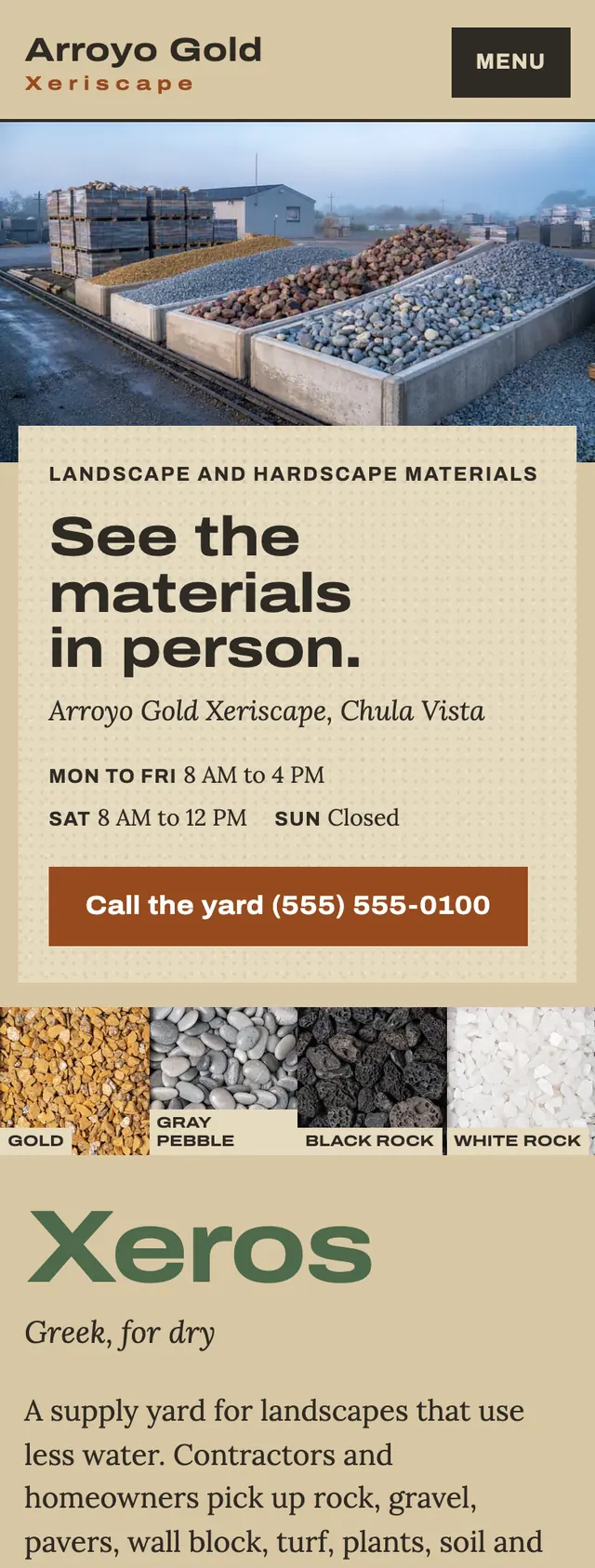 Full homepage of the landscape supply yard concept on a phone