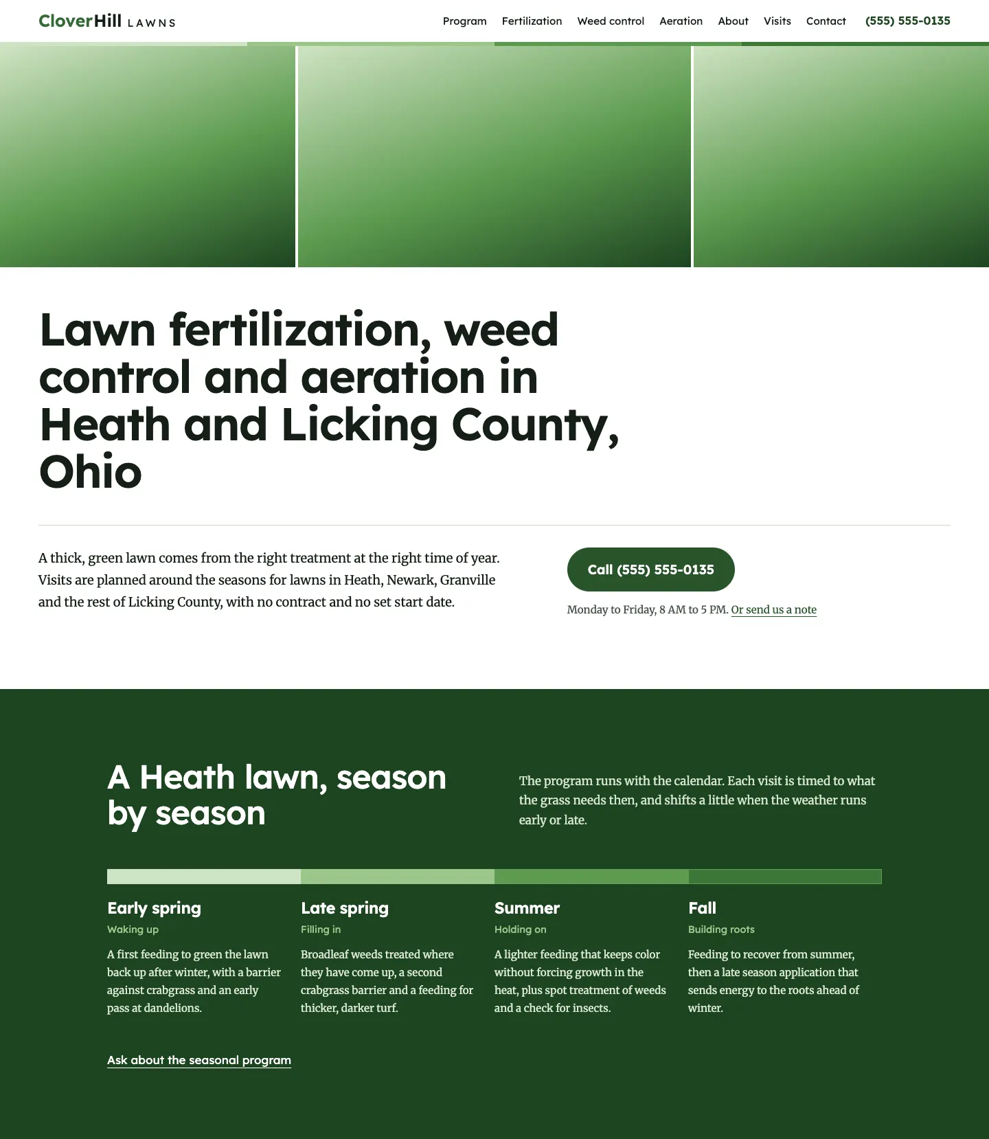 Full homepage of the lawn care concept at desktop width
