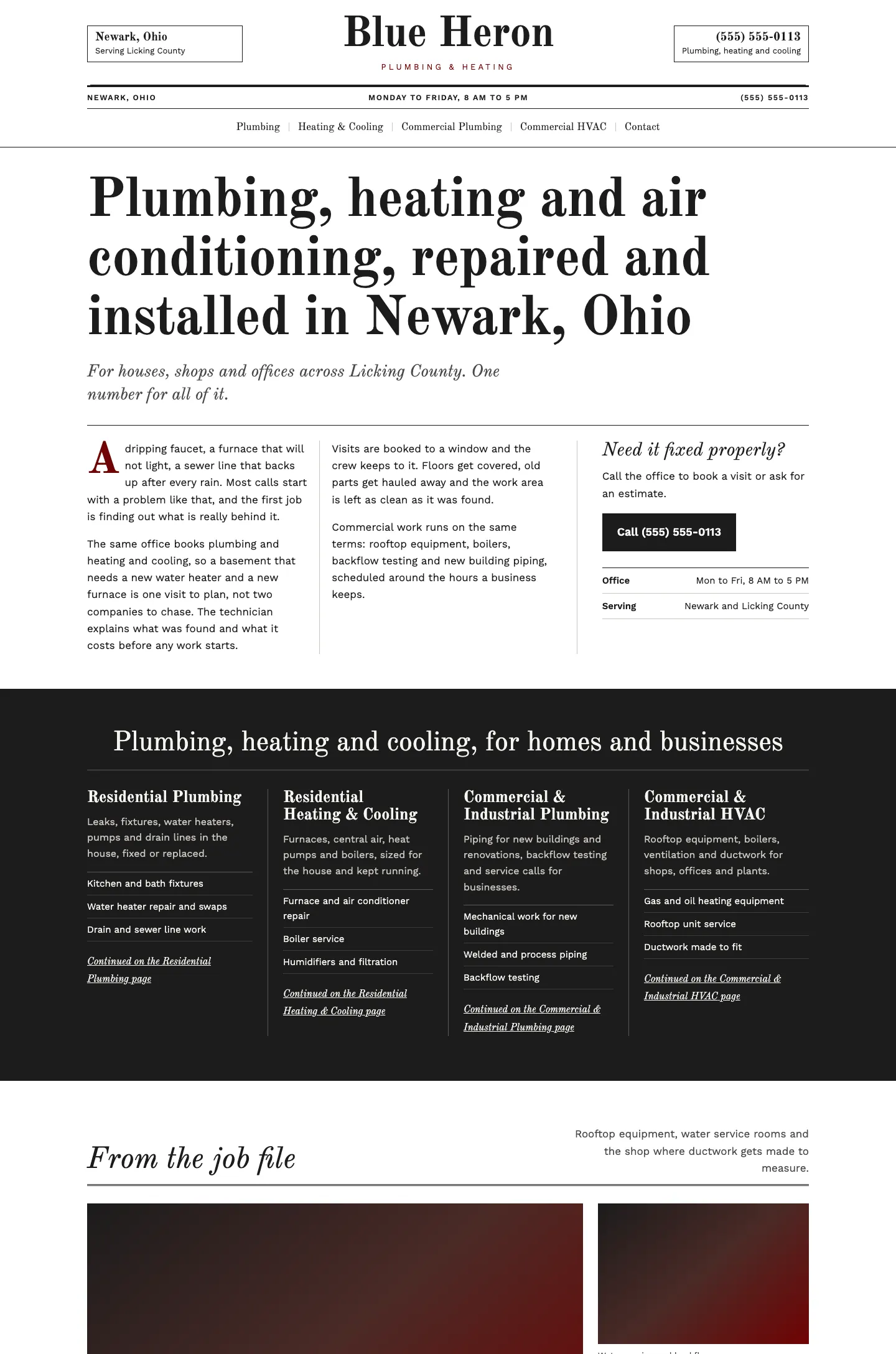 Full homepage of the plumbing and heating concept at desktop width