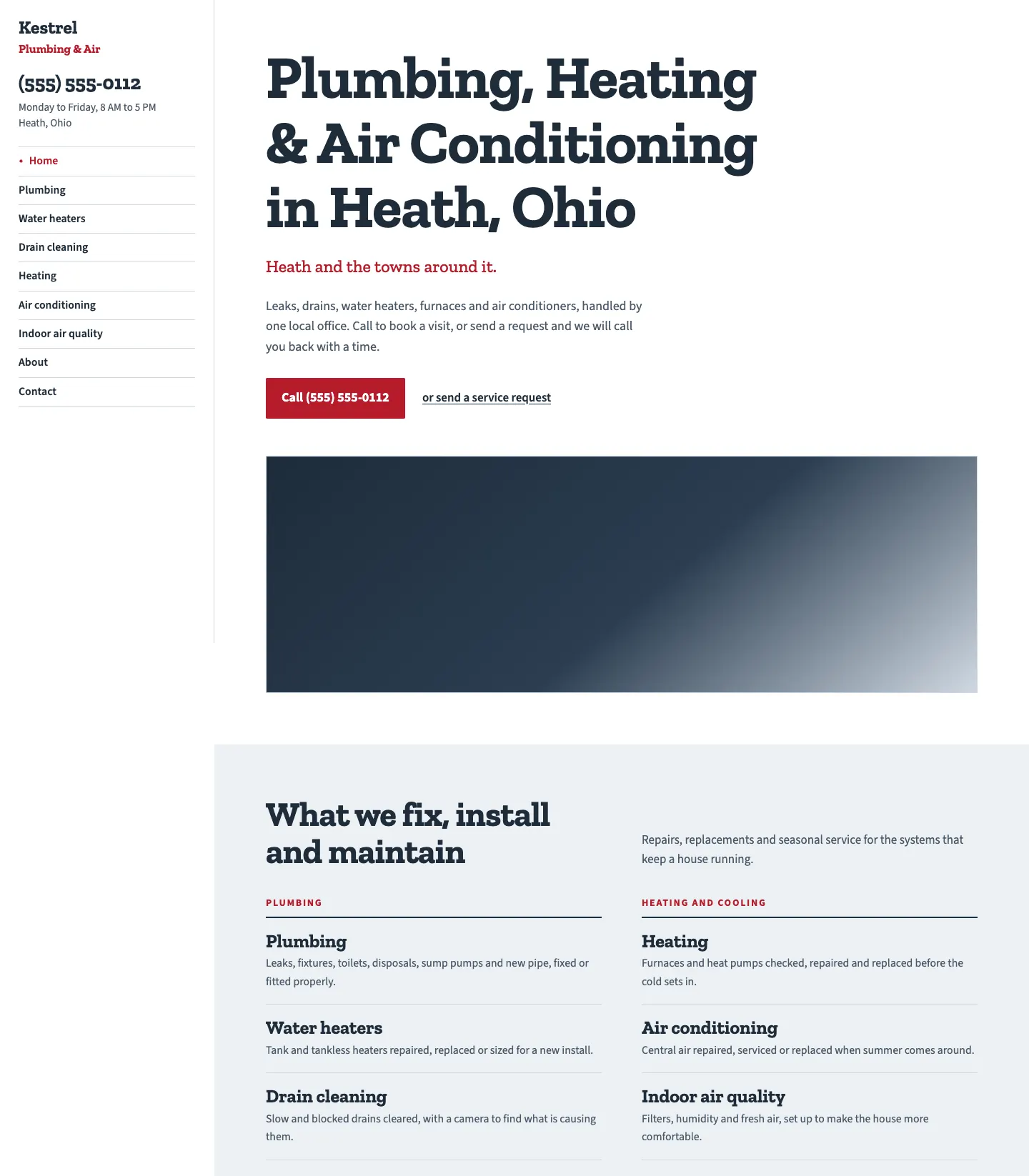 Full homepage of the plumbing concept at desktop width