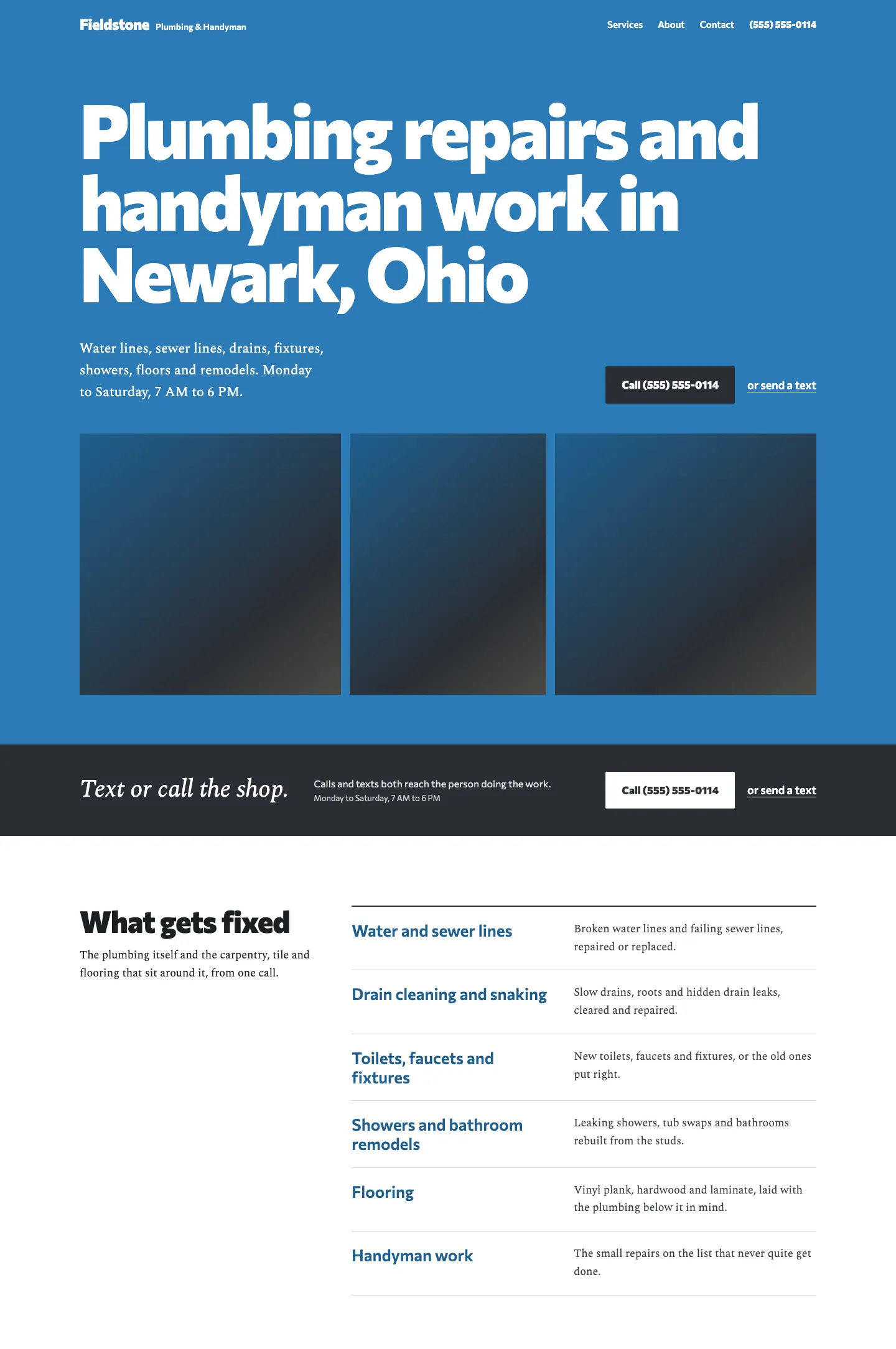 Full homepage of the plumbing concept at desktop width