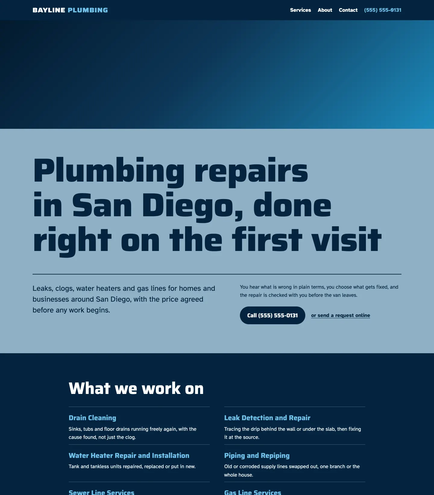 Full homepage of the plumbing concept at desktop width