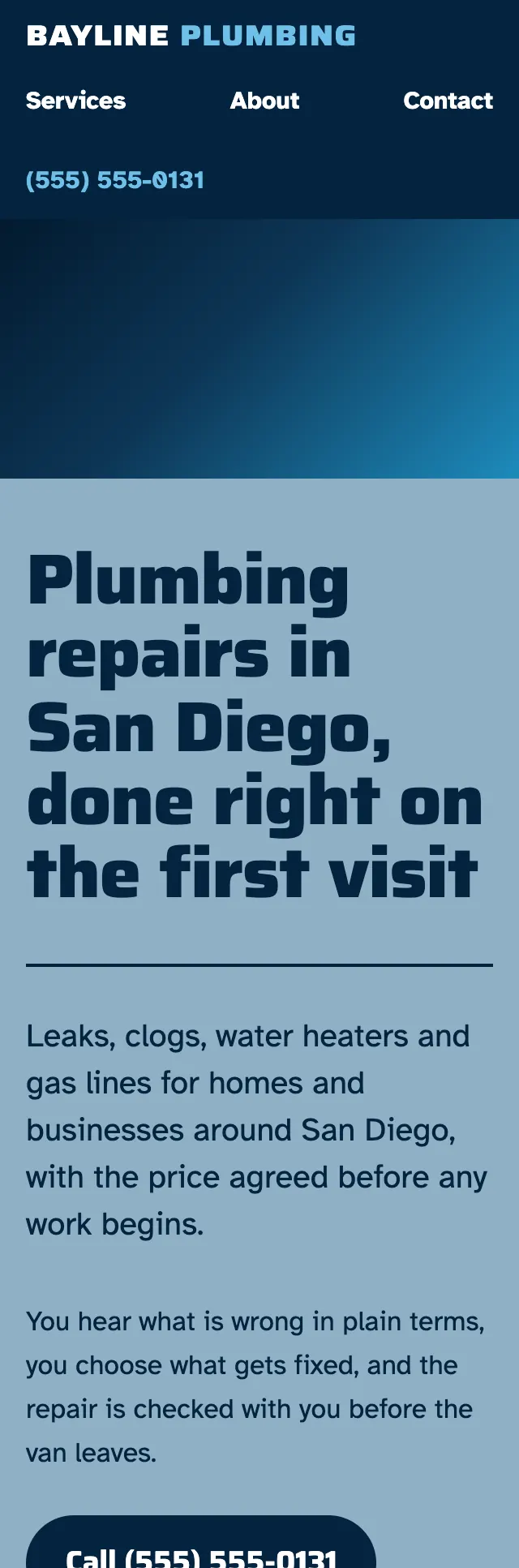 Full homepage of the plumbing concept on a phone