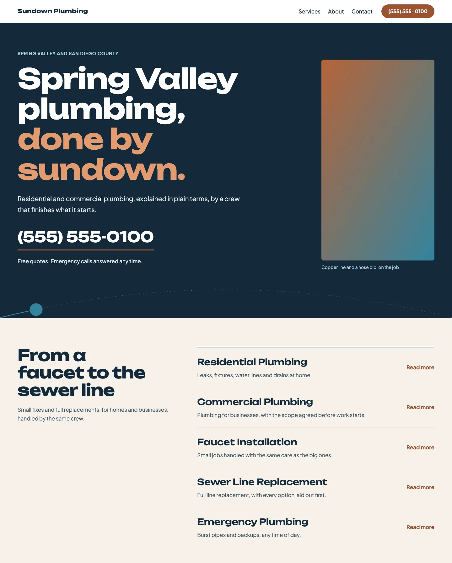 Full homepage of the plumbing concept at desktop width