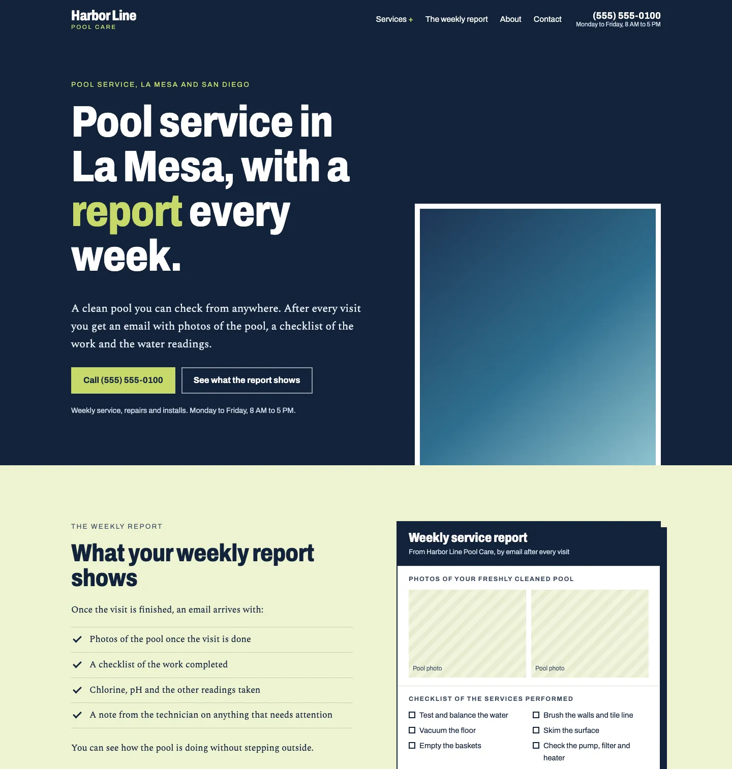 Full homepage of the pool service concept at desktop width