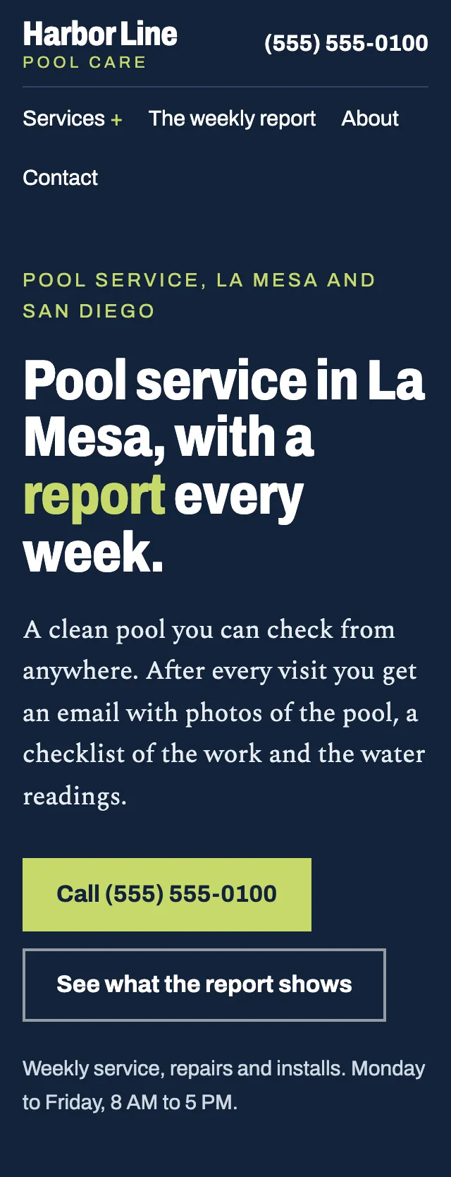 Full homepage of the pool service concept on a phone