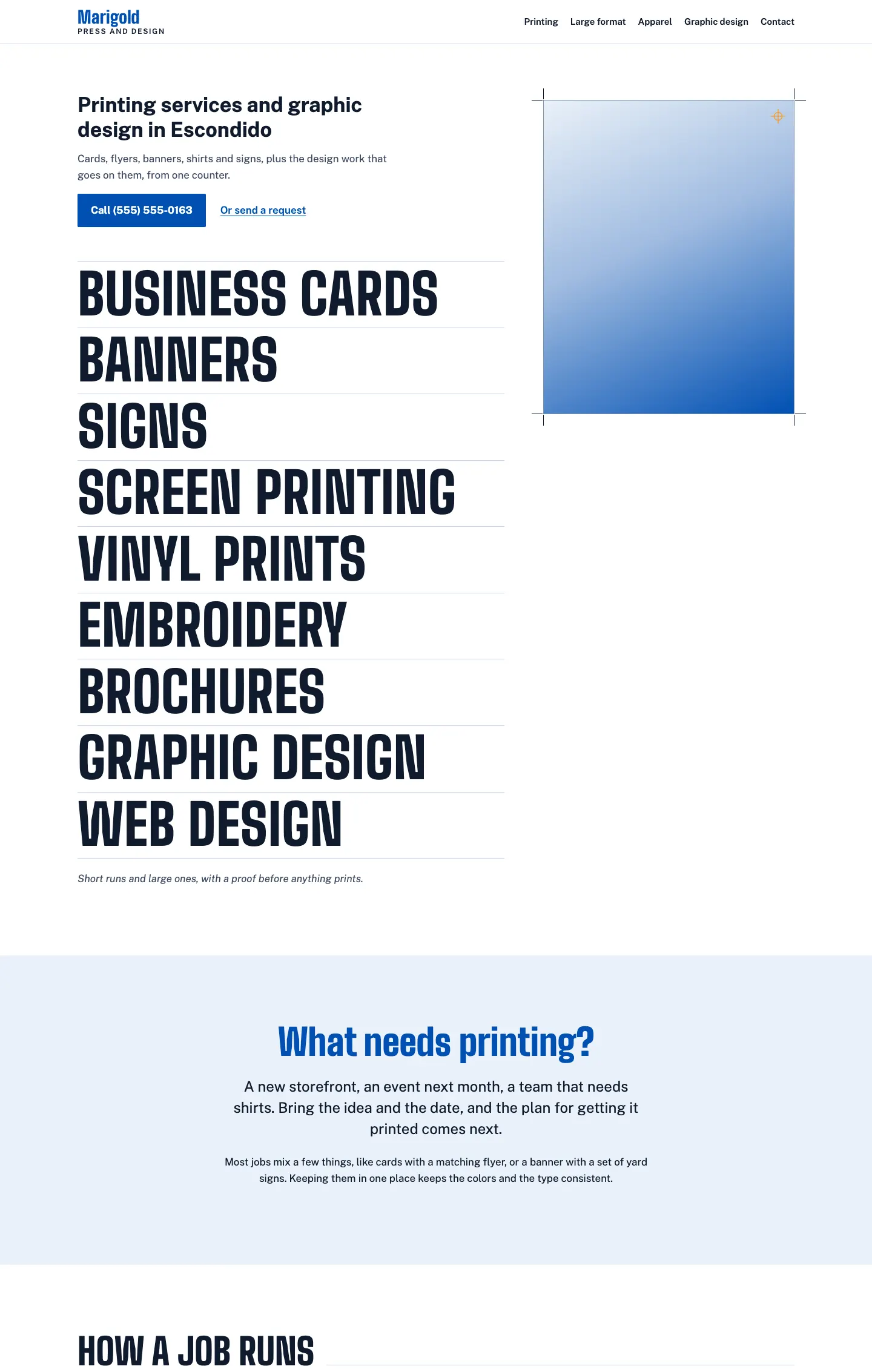 Full homepage of the printing and design concept at desktop width