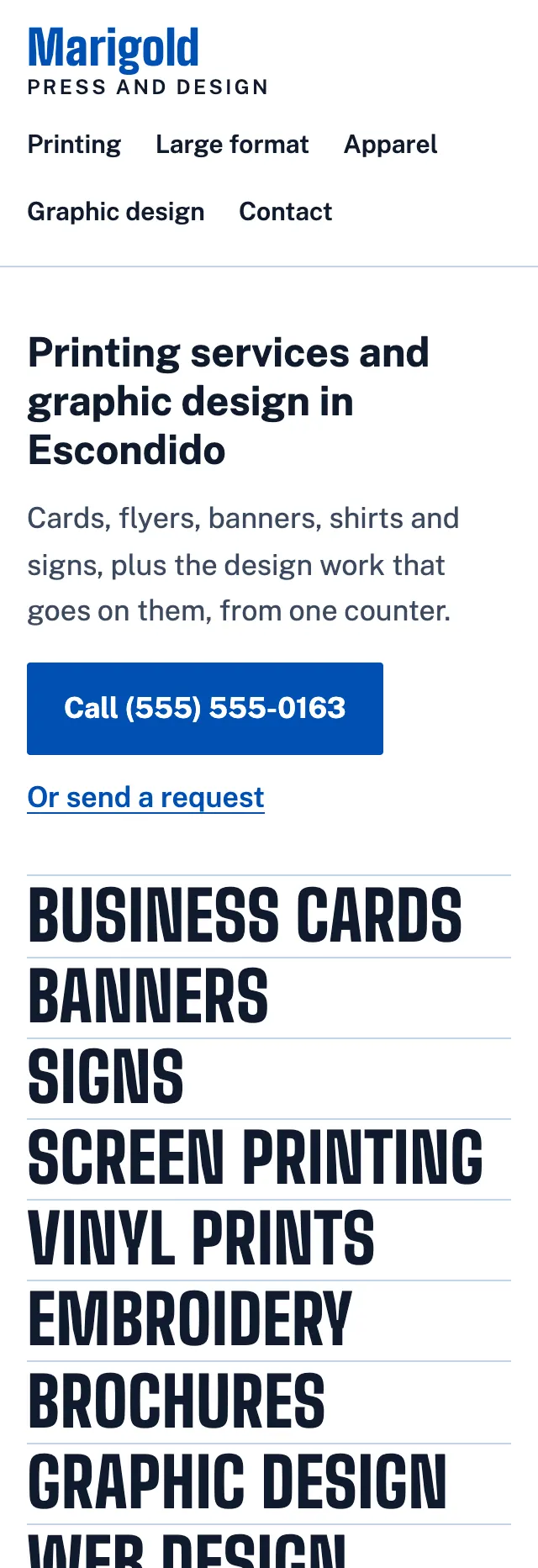 Full homepage of the printing and design concept on a phone