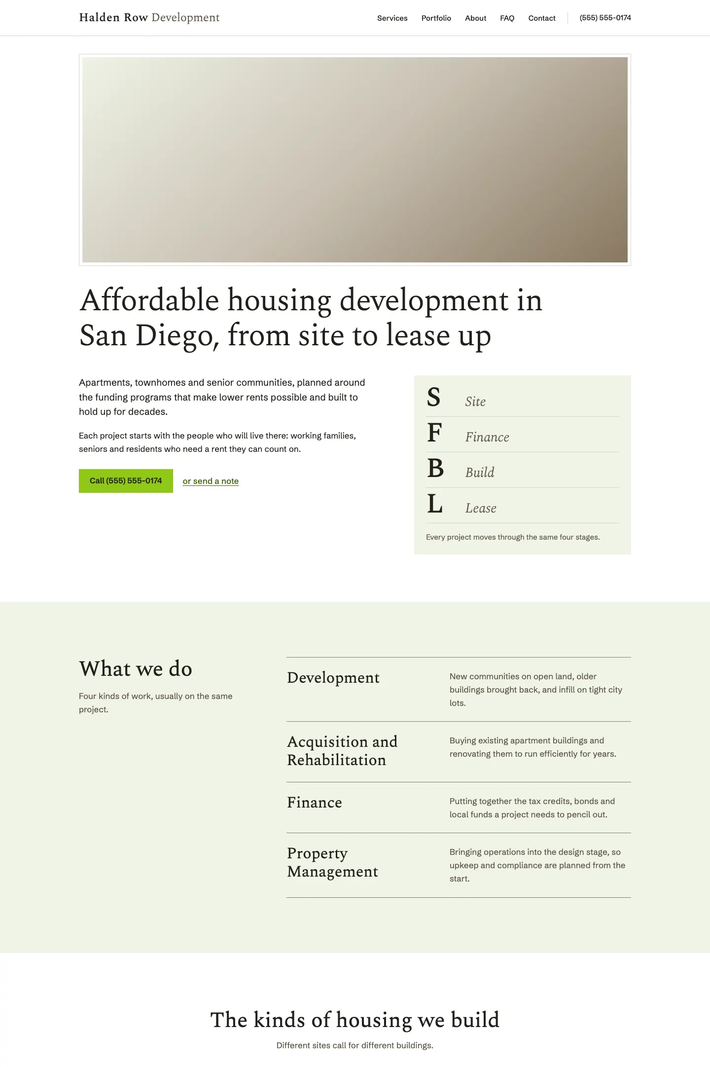 Full homepage of the real estate development concept at desktop width