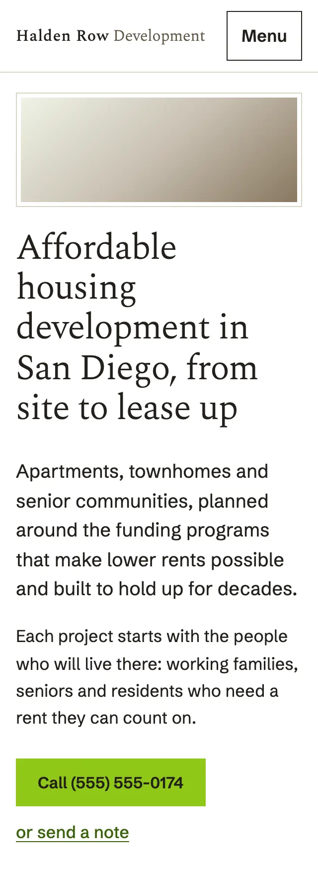 Full homepage of the real estate development concept on a phone