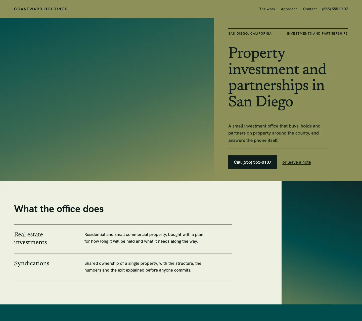 Full homepage of the real estate investment concept at desktop width