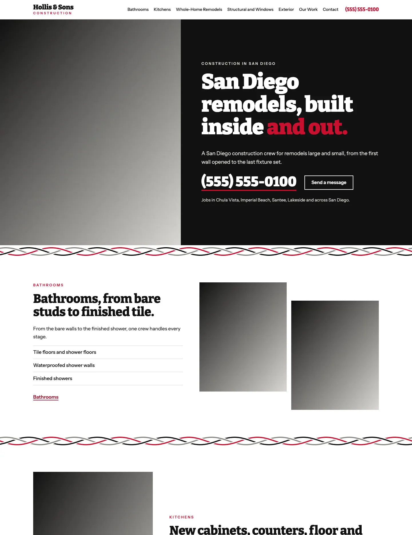 Full homepage of the remodeling contractor concept at desktop width