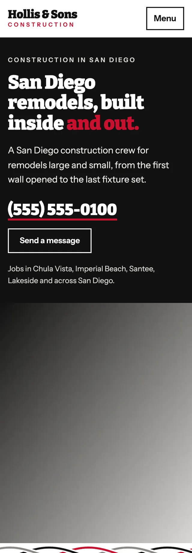 Full homepage of the remodeling contractor concept on a phone