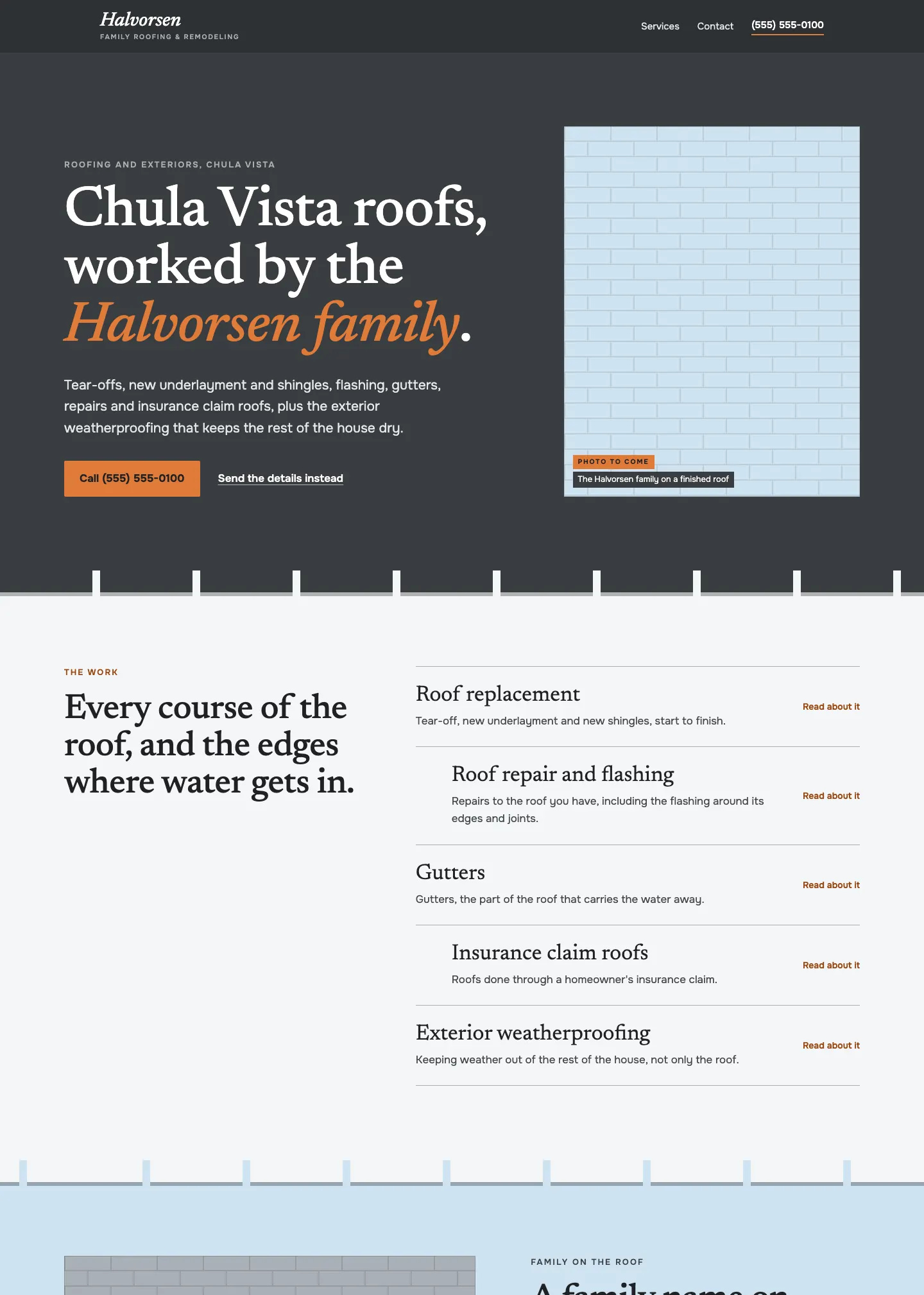 Full homepage of the roofing concept at desktop width
