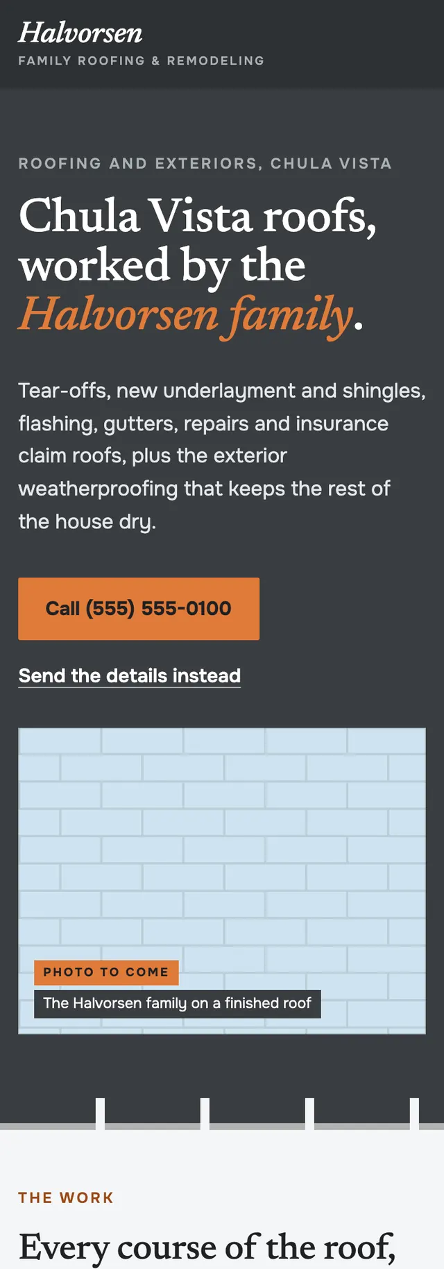 Full homepage of the roofing concept on a phone