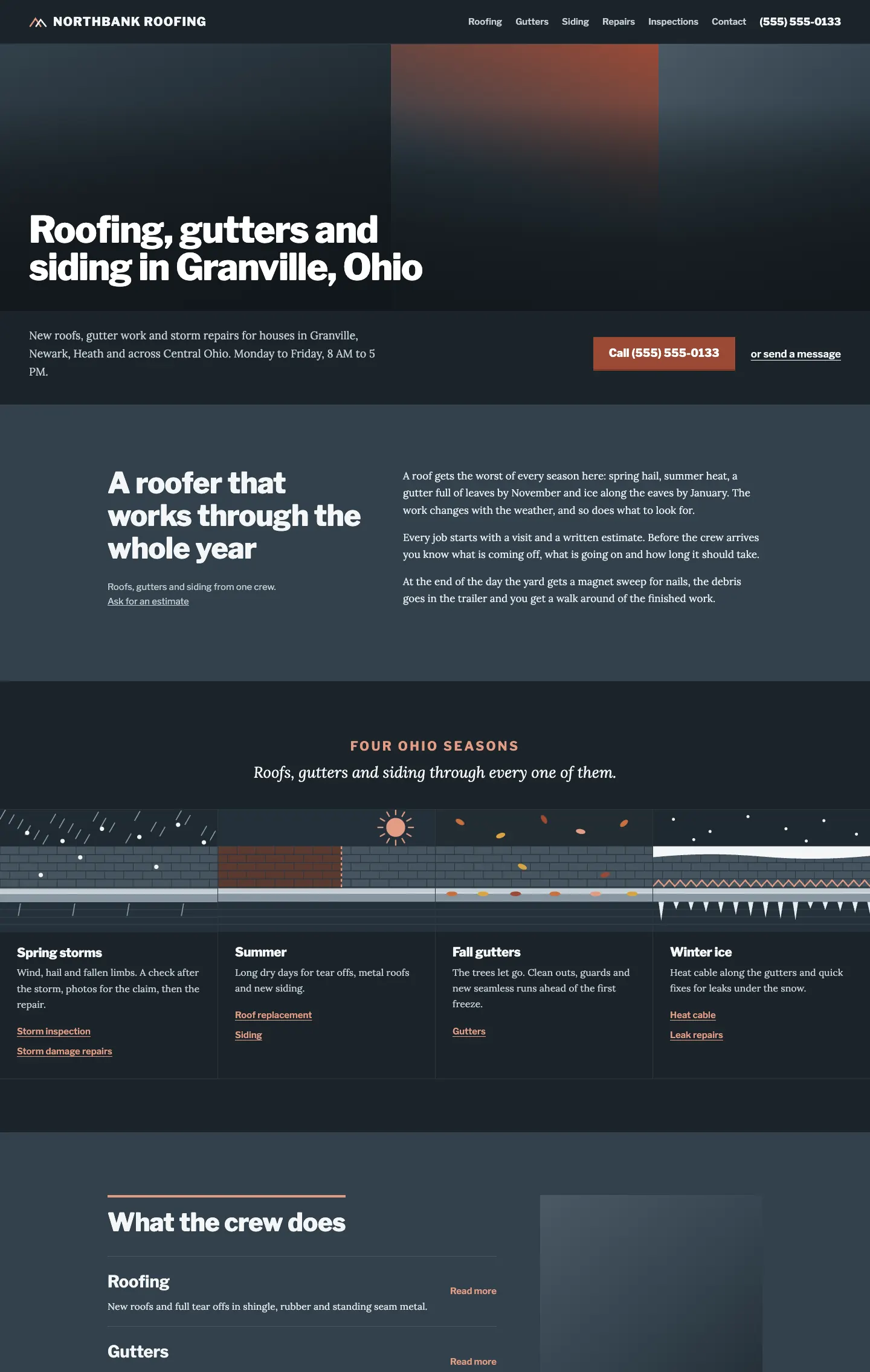 Full homepage of the roofing concept at desktop width