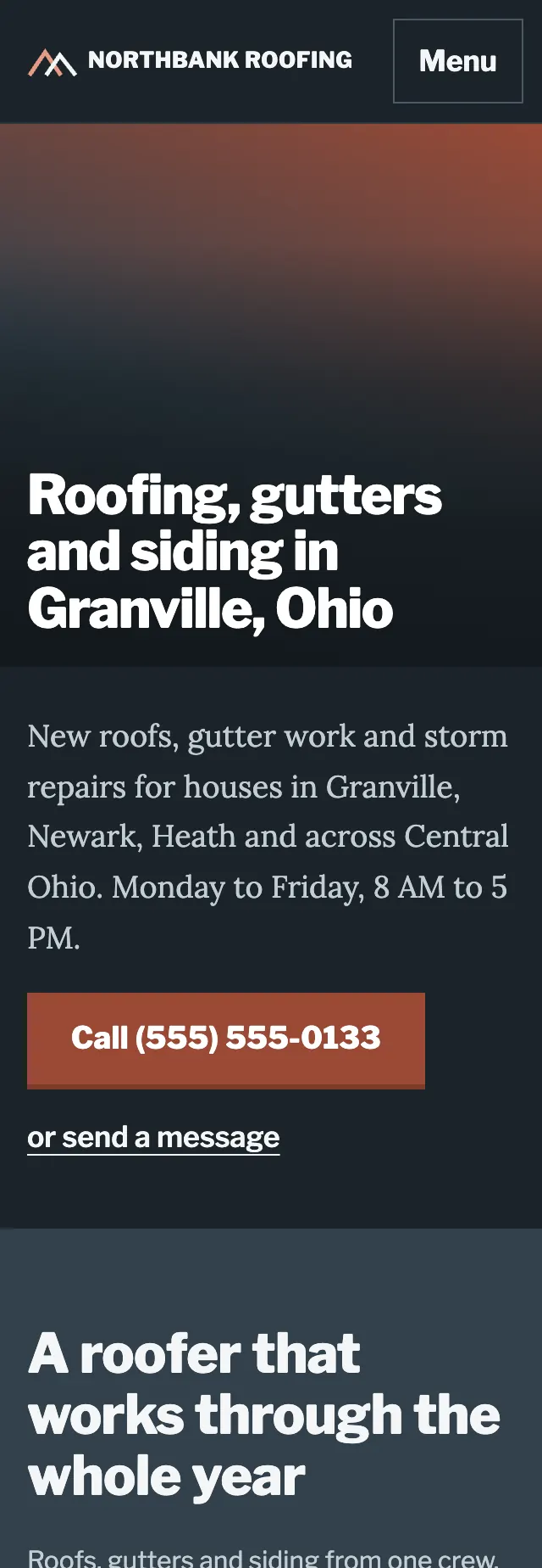 Full homepage of the roofing concept on a phone