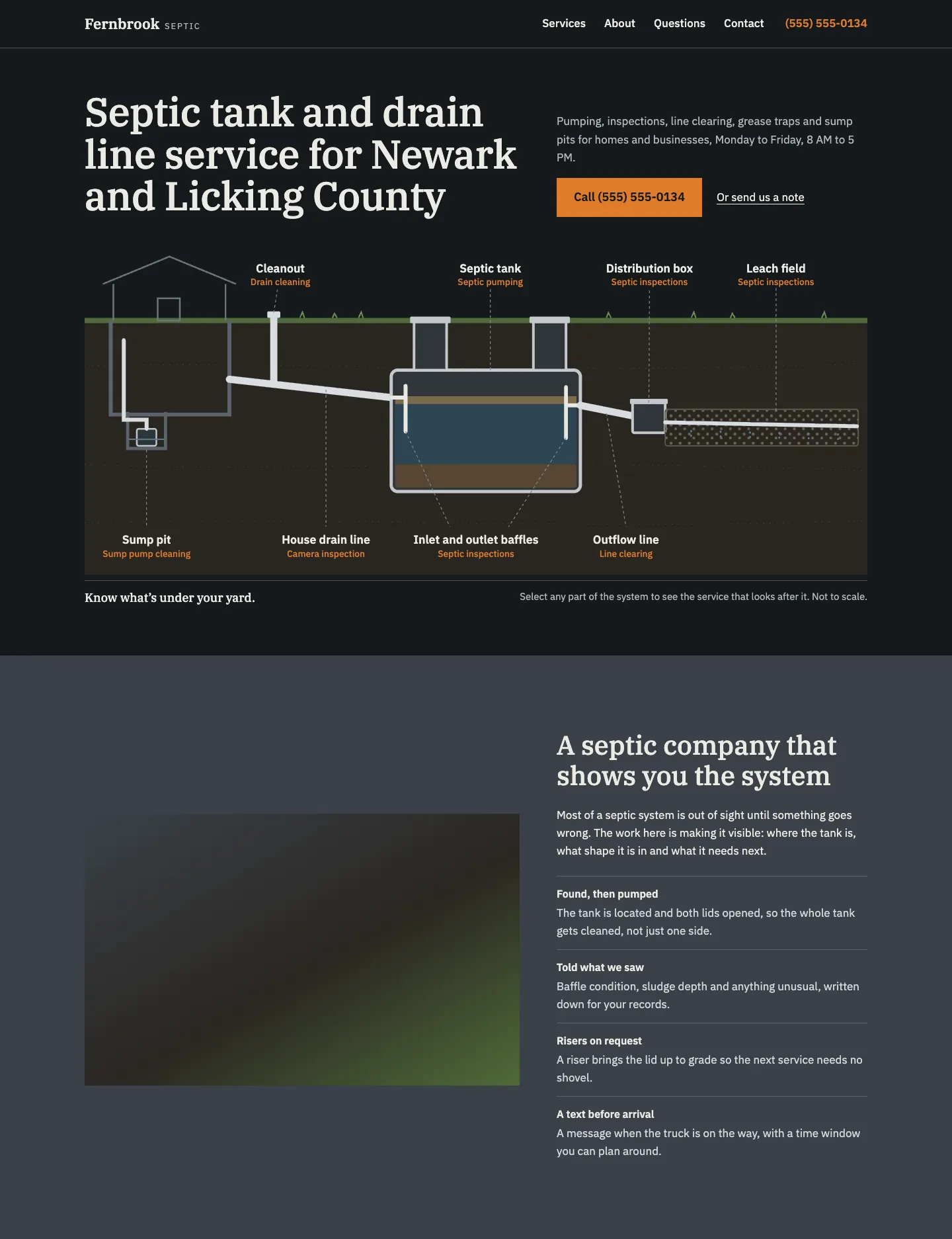 Full homepage of the septic service concept at desktop width