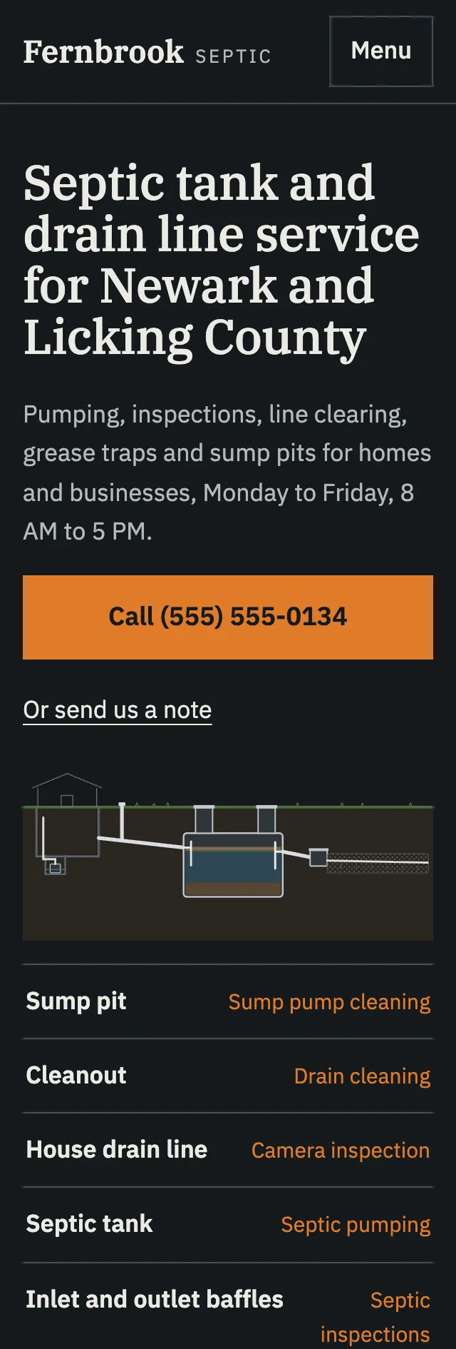 Full homepage of the septic service concept on a phone