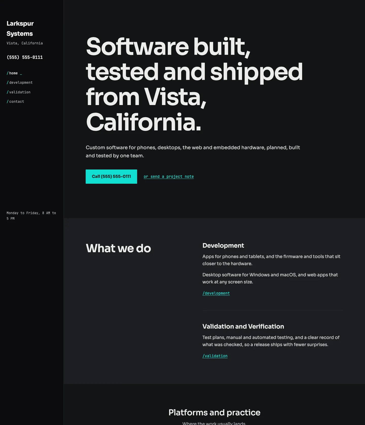 Full homepage of the software development concept at desktop width
