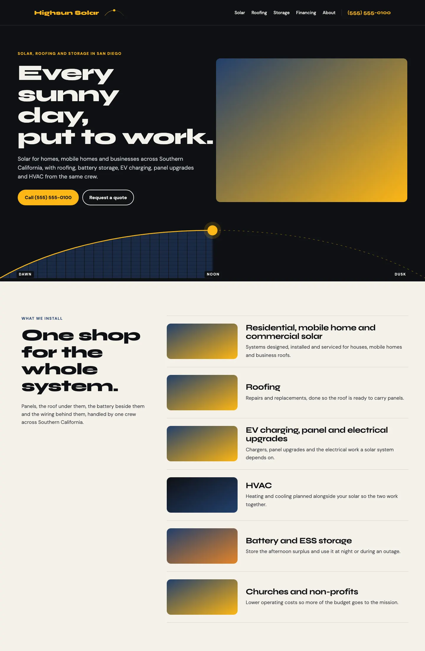 Full homepage of the solar installer concept at desktop width
